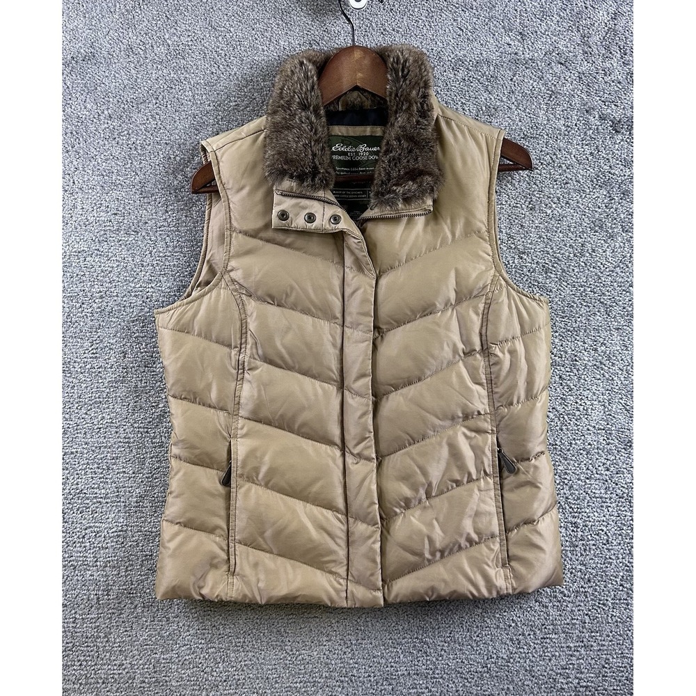 Eddie Bauer Womens Tan Goose Down Puffer Vest Faux Fur Collar Quilted Khaki M